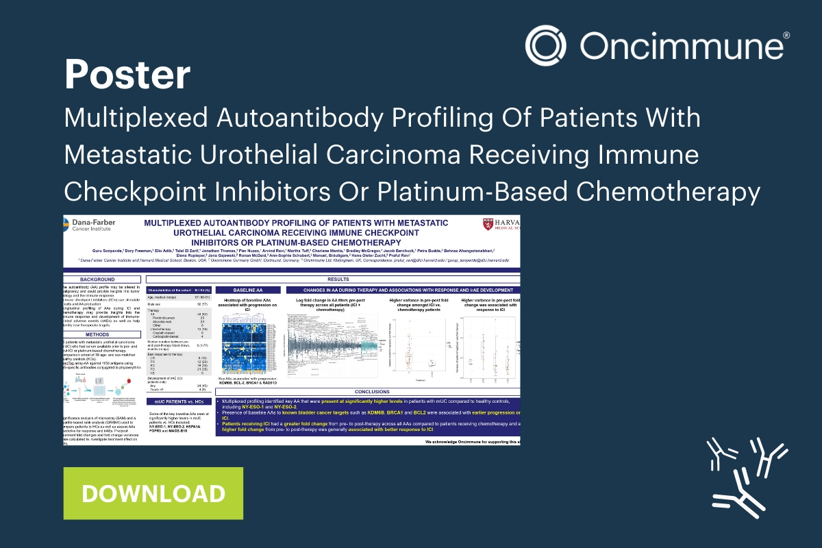 POSTER: Multiplexed Autoantibody Profiling Of Patients With Metastatic Urothelial Carcinoma Receiving Immune Checkpoint Inhibitors Or Platinum-Based Chemotherapy (Oncimmune Collaboration), ASCO Genitourinary Cancers Symposium 2022